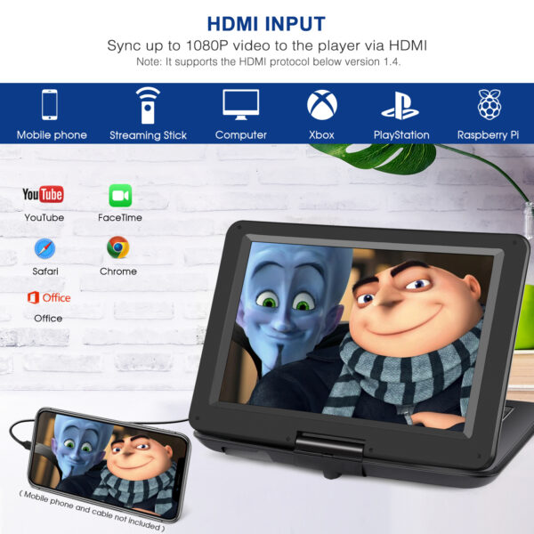 NAVISKAUTO 14" Tragbarer DVD Player  HDMI Eingang DVD Player HD 1280 * 800 4000mAh Portabler DVD Player Memory USB AV IN Out 12V - Image 4